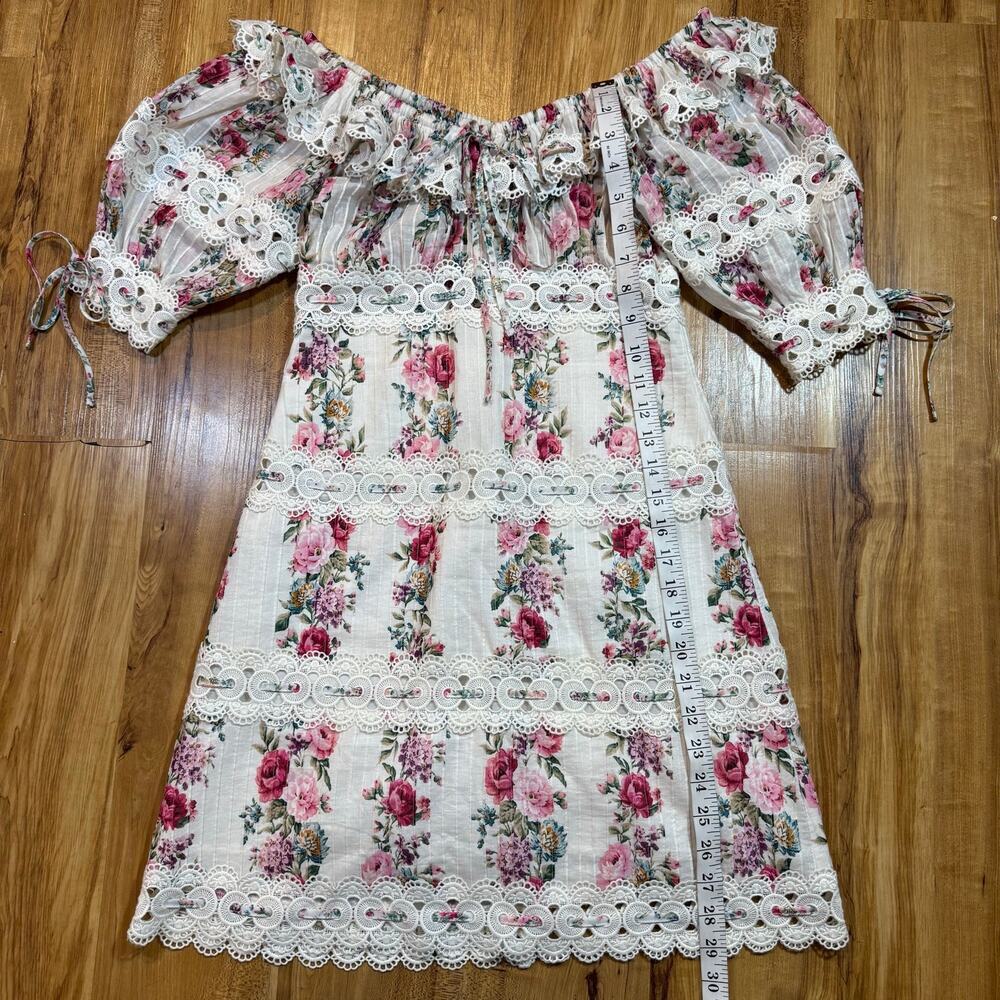Zimmerman Honour Pintuck Panel Crochet Trim Pink Floral Off Shoulder Mini Dress - Picture 5 of 9